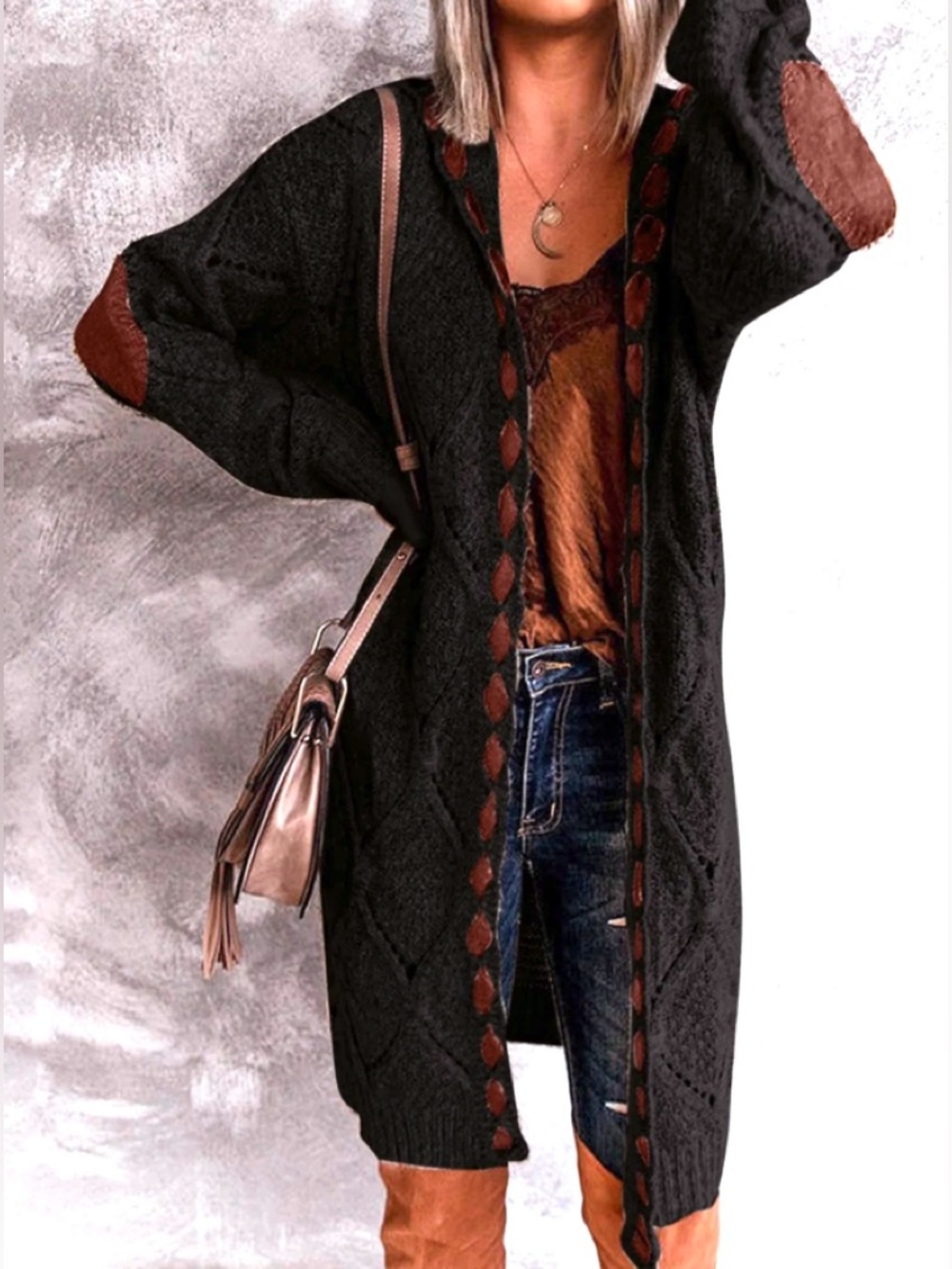 Beautiful L Chunky Knit Hooded Cardigan with Orange Contrast Threading Accents